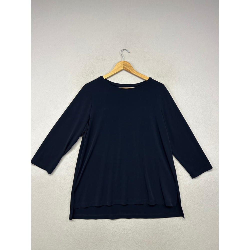 Susan Graver Modern Essentials Womens L Navy Blue 3/4 Sleeve High-Low Tunic Top